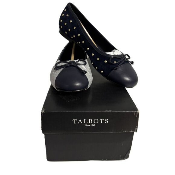 Talbots Women Blair Studded Suede Ballet Flats NIB New Navy Gold Size 6 - Picture 1 of 9
